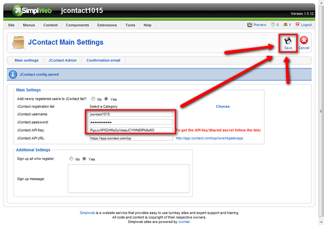 Save the API settings in JContact