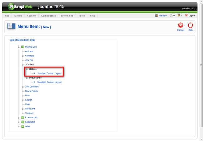 Creating a Joomla menu item