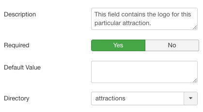 Enter description, select Yes for Required, and select Attractionf or Directory