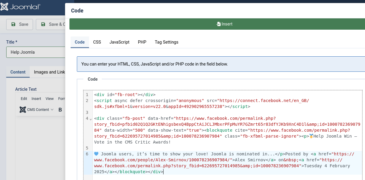 the Facebook post embed code in the code box of a Joomla article