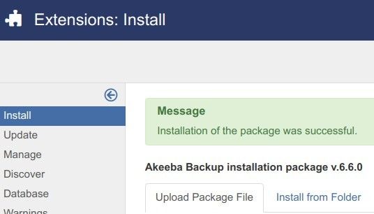akeeba backup joomla extension installed successfully