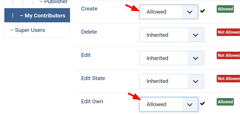the allowed permission for create and edit own actions