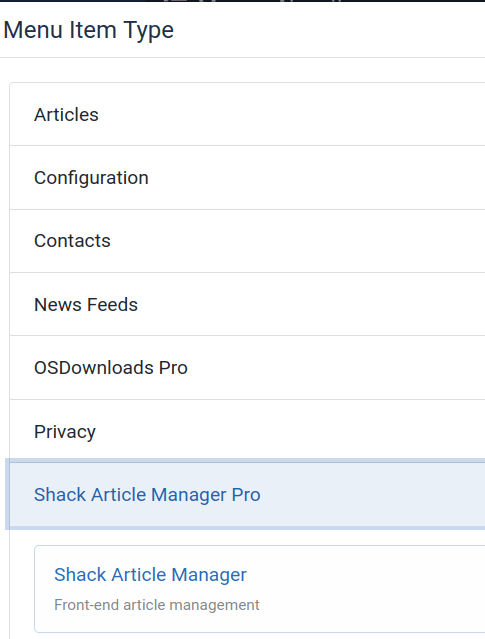 the shack article manager menu item type