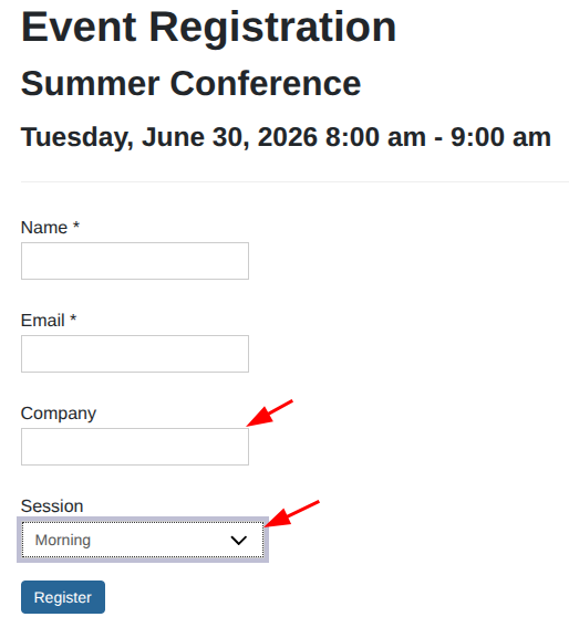 event registration form with custom fields