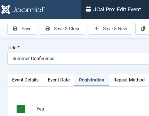 selected event registration set to yes