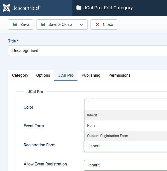 the registration form parameter of jcal pro category