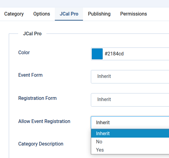 the allow registration parameter of jcal pro category