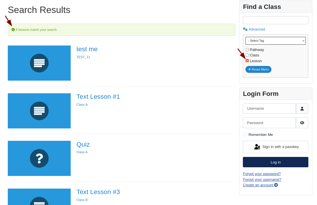 search results page with all lessons