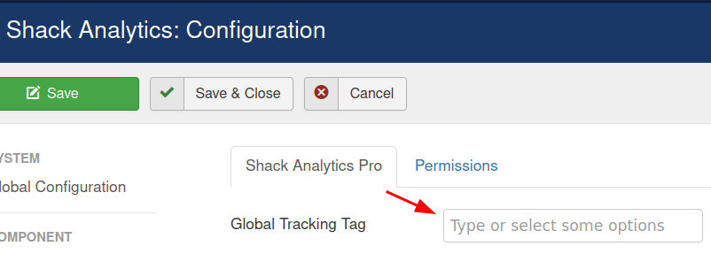 the global tracking tag on the shack analytics configuration screen