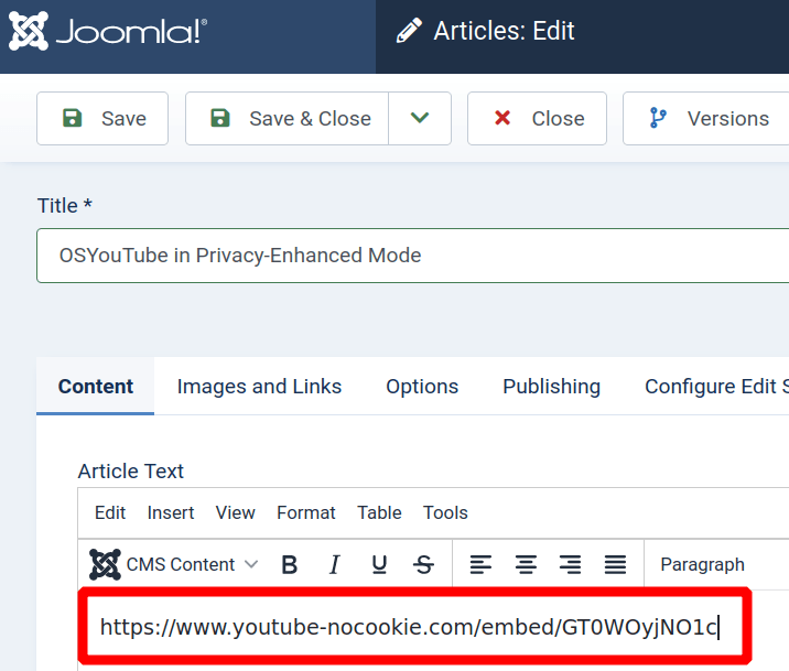 nocookie url embedded in Joomla 5