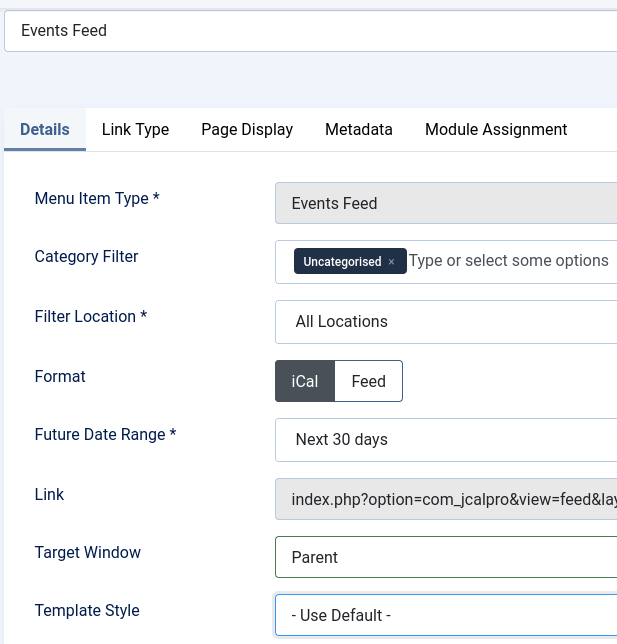 parameters of the Events Feed menu item