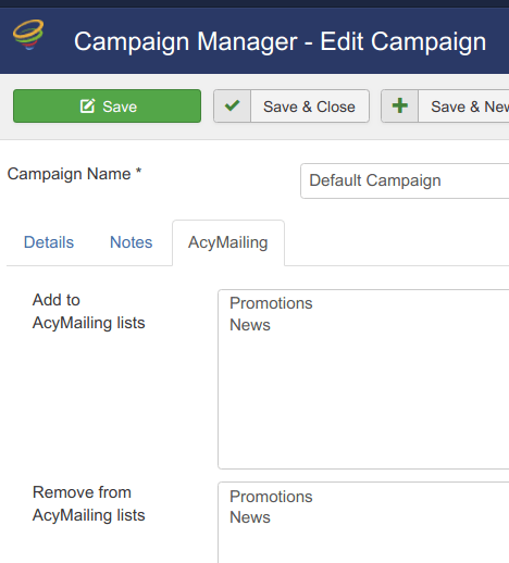 Campaign Manager -AcyMailing tab