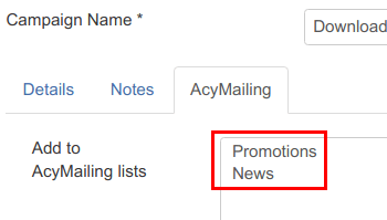Select AcyMailing list to add a lead to
