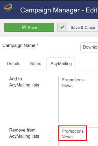 Select AcyMailing list to delete a lead from