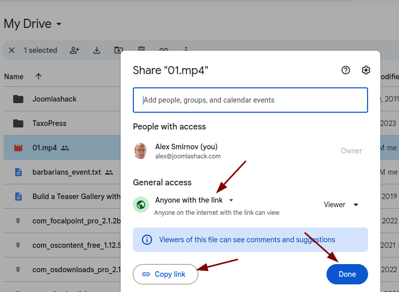 the google drive share url and its parameters