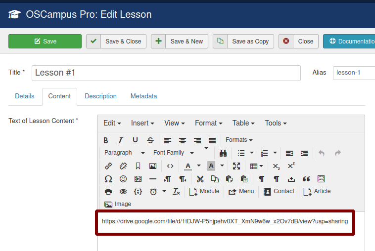 the share url in an oscampus pro lesson