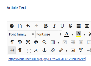 an embed url converted into a hyperlink by the jce editor