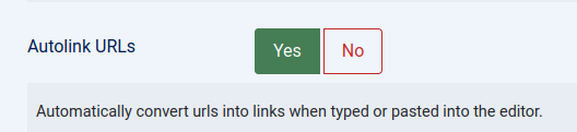 the jce autolink urls default setting to yes