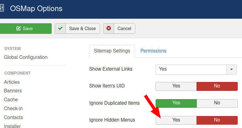 set the ignore hidden menus to option no