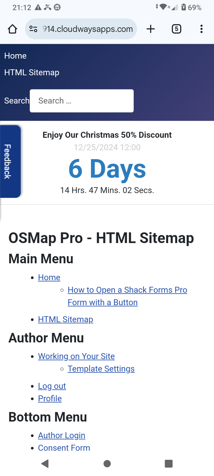 OSMap HTML sitemap viewed on an Android device