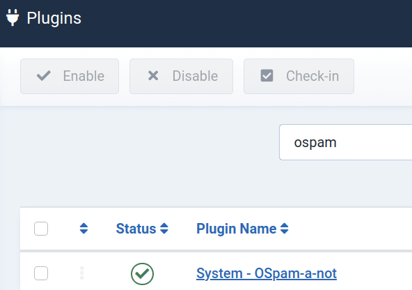 the ospam-a-not plugin listed in Joomla 5 admin dashboard