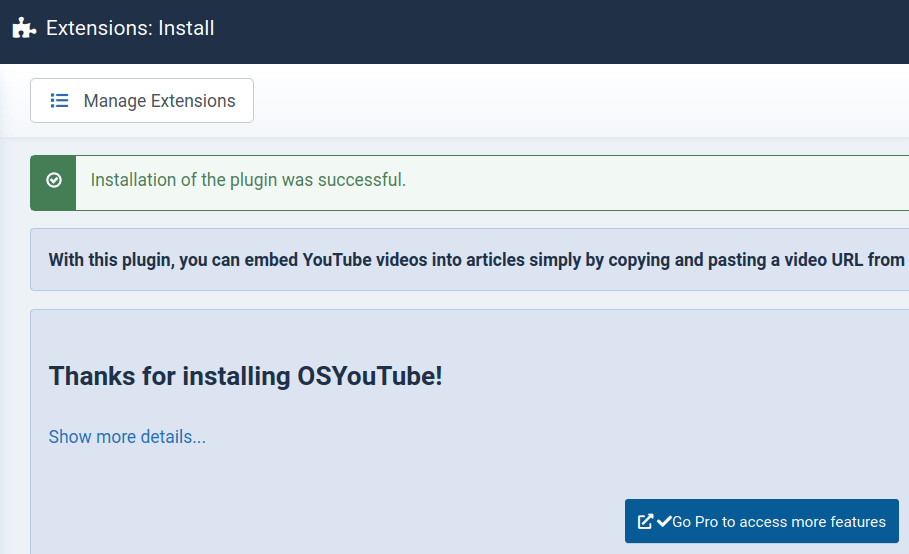 osyoutube successfully installed on Joomla 5 site