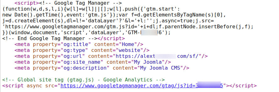 the google tag manager tracking code in the Joomla 5 source code