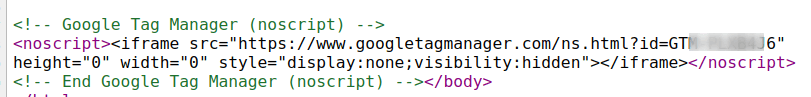 the google tag manager tracking code at the bottom of Joomla 5 html source code