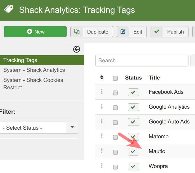mautic tracking tag listed