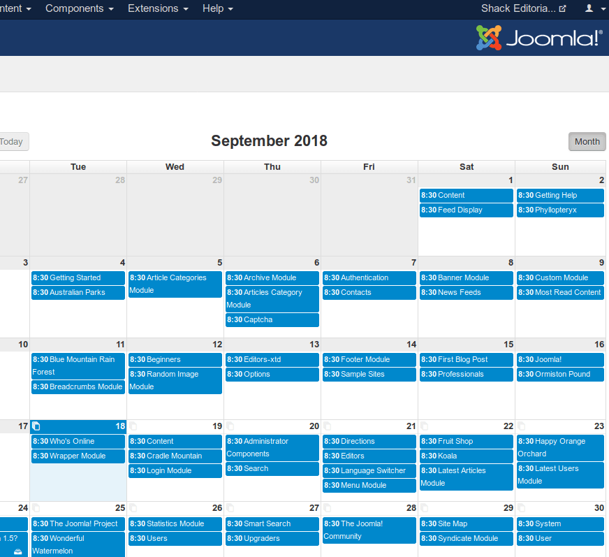 monthly calendar view with articles