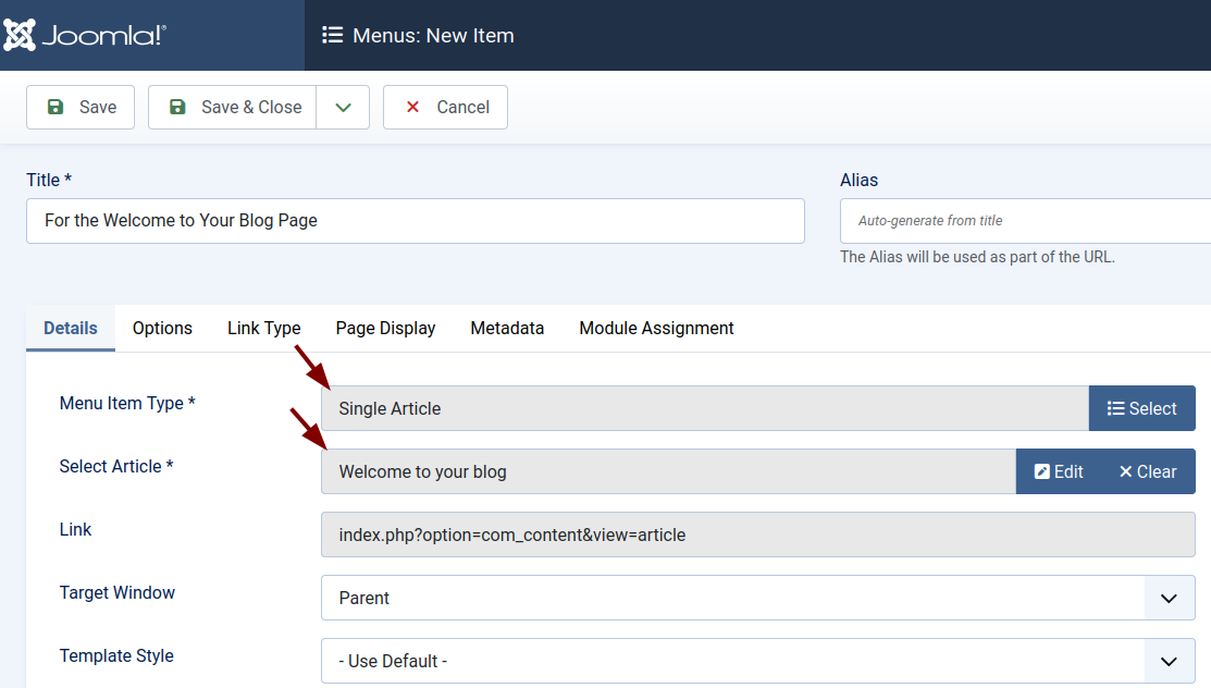 Menu item details tab