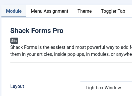 Lightbox Window layout option selected in Shack Forms Pro module settings