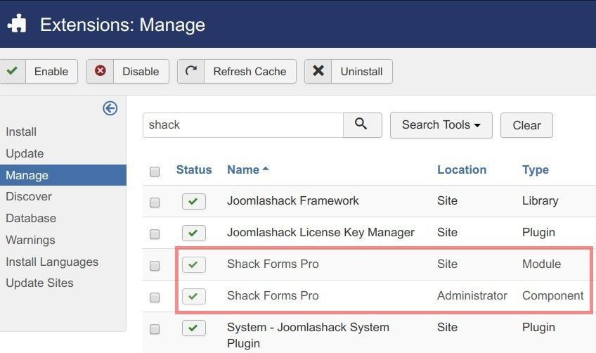 shack forms module installed by update