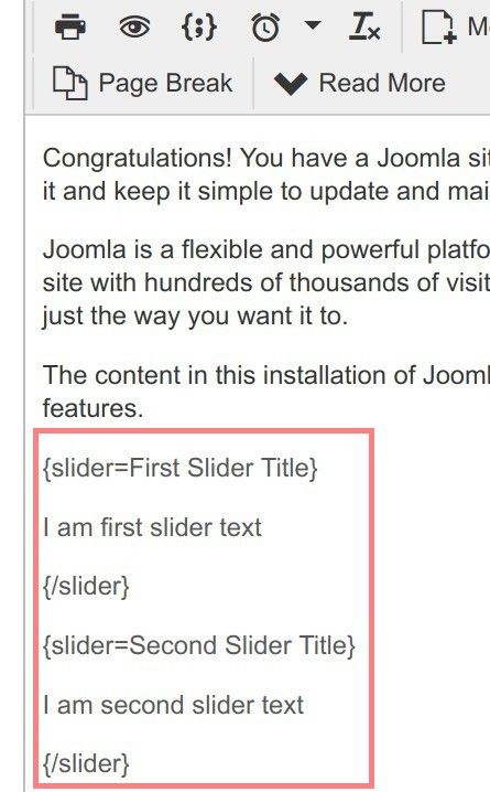 how to embed a slider tags in Joomla article