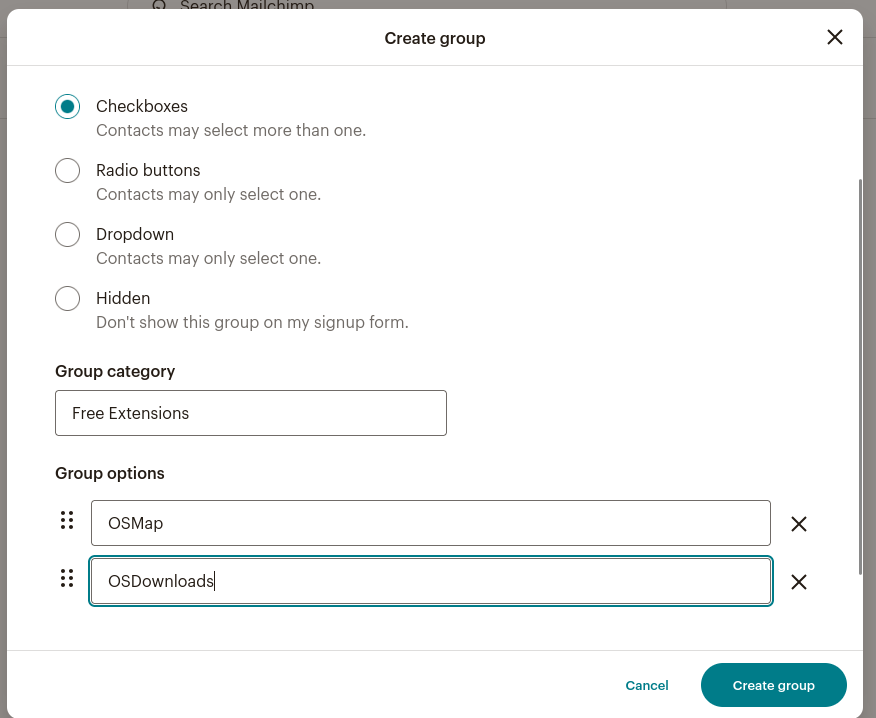 the create groups modal box