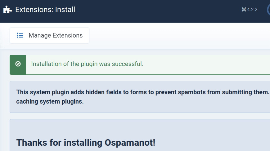 ospam a not installed successfully on a Joomla 5 site